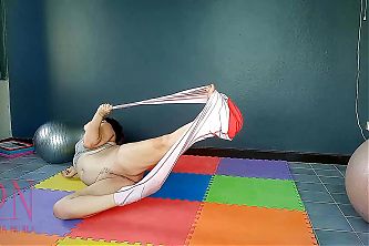 Regina Noir. A woman in yoga leotards practices yoga in the gym. Transparent red leotard yoga NUDE FULL VIDEO